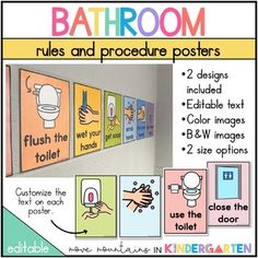 bathroom rules and procedure posters for kids to use on the walls in their home or office