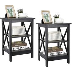 two small tables with baskets on each shelf