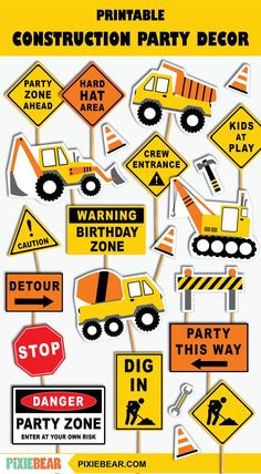 construction party decorations including signs and stickers