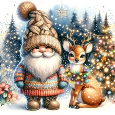 a painting of a santa claus and a deer in front of a christmas tree with lights