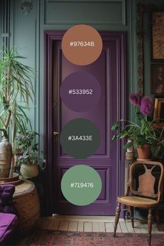 a purple door with some green and brown paint colors on the front, side and top