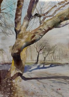 a painting of a tree in the snow