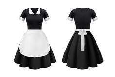 Maid and waitress uniform, hotel and house worker dress clothes. Vector isolated black dress with bell skirt and white apron with ruffle, realistic french maid outfit or housekeeping uniform Hotel Worker Outfit, House Maid Uniform, Maid Cafe Uniform, Waitress Outfit Black, Waitress Outfit Ideas, Cafe Worker Outfit, House Keeping Uniform