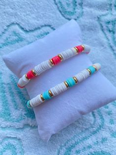 Salmon Pink & Light Blue Preppy Bracelets ⚡️ - Handmade !  Preppy Summer Bracelets Pink and Blue Jewelry Clay Bead Bracelets Handmade Bracelets Light Blue Preppy, Blue Bracelets, Clay Bead Bracelets, Bracelets Pink, Handmade Jewelry Business, Pony Bead Bracelets, Bff Bracelets