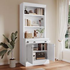 an entertainment center with bookshelf and shelves in the corner next to a potted plant