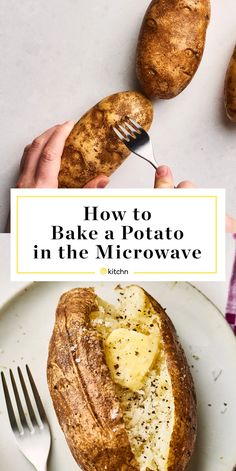 someone is holding a fork over baked potatoes on a white plate with the words how to bake a potato in the microwave