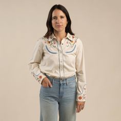 The Betsy Western Shirt Cream Western Shirt, Women’s Western Shirts, Western Embroidered Shirt For Rodeo, Fitted Western Shirt With Button Closure, Western Style Embroidered Button-up Top, Space Hat, Womens Style, Cuff Detail, Large Shirts