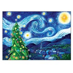 a painting of a christmas tree in the night sky with stars and lights on it