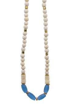 a white and blue beaded necklace with gold accents