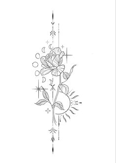 a drawing of a flower on a white background with arrows in the middle and stars at the bottom