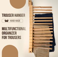 Keep your pants looking your best and your closet fully organized. Simply install this practical wooden rack on the wall of the cabinet or on the back of a door to store up to 15 pairs of trousers in an orderly and efficient manner. This is the original rack manufactured since 2017 with great manufacturing quality. The shaft keeps its grain as if it were a single piece. Mounted on the wall Design to save space, it is beautiful, easy to install an Clothes Storage Solutions, Trouser Rack, Wooden Clothes Hanger, Dress Rack, Trouser Hangers, Closet Rack, Pants Rack, Creative Clothes, Wooden Rack