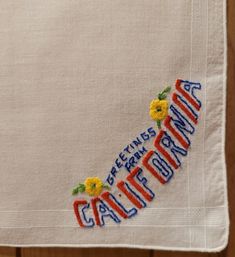 Vintage Souvenir Handkerchief, GREETINGS from CALIFORNIA, White Cotton, Machine Embroidered, Measures Approximately 11 1/4" x 12 1/4" I've soaked & lightly pressed it. "Environmentally Friendly, Practical, Functional, Fashionable."  ▪︎ one tiny flea bite spot (see last picture) please review pictures as they are part of the description. Very pretty Hanky, no stains or other holes, beautifully stitched, well cared for. Grants Pass, Embroidered Handkerchief, Vintage Handkerchiefs, Vintage Souvenir, Vintage Cotton, White Cotton, Scarf Accessory, Calligraphy, Monogram