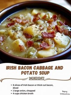 a bowl of potato soup with bacon and potatoes in it is on the table next to a menu