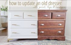 an old dresser is painted white and has gold hardware on the bottom, with text overlay that reads how to update an old dresser