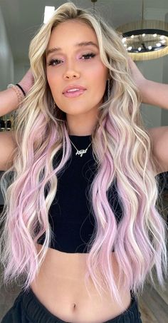 Blonde Hair With Strip Of Color, Pink Hair Underneath Blonde, Two Tone Hair Blonde, Fun Hair Color Ideas For Blondes Trends, Underneath Dyed Hair For Blondes, Crazy Haircolors, Pink Toned Blonde Hair, Blonde Hair With Color Underneath