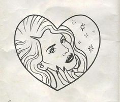 a black and white drawing of a woman's face in a heart