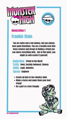 the monster high character information card for frankie stein's animated movie, monster high