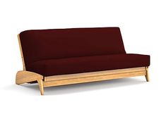 a wooden futon bed with a maroon cover on it's back and legs