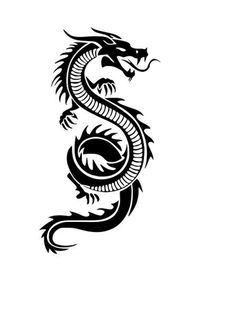 a black and white drawing of a dragon on a white background, with the tail curled up