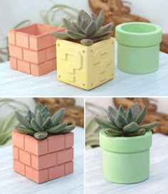 three different colored planters with succulents in them sitting on a table