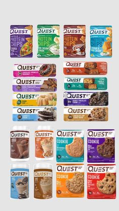 an assortment of quest breakfast bars are shown in this graphic design, with the names and colors