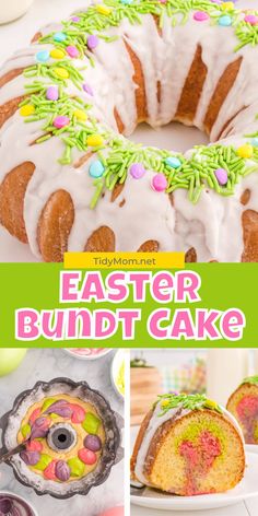 an easter bundt cake with icing and sprinkles