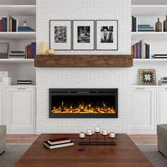 a living room with a fire place and books on the shelves in front of it