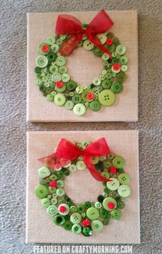 two christmas wreaths made out of buttons