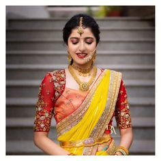 Brides Indian Halfsaree maggamwork handembroidery shopnow designer red blue yellow lehenga Yellow Dupatta, Hand Embroidered Blouse, Ikkat Dresses, Langa Voni, Blouse Works, Fashionable Saree, Fashionable Saree Blouse Designs, Saree And Blouse, Hand Work Blouse Design