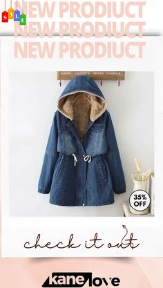 Women Fashion Winter Plush Hooded Drawstring Denim Coat Denim Parka, Parka Coat Women, Hooded Denim Jacket, Blue Coat, Winter Stil, Long Jeans, Blue Coats, Denim Coat Jacket, Woolen Coat