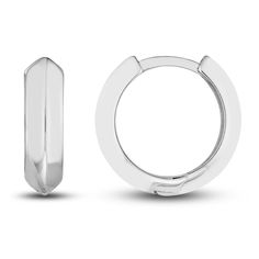 Striking knife-edge tubes are polished to a high shine in these stylish women's hoop earrings. Fashioned in 14K white gold, the earrings secure in place with hinged backs. Classic Huggie Earrings With Spring Ring Clasp For Anniversary, Classic White Gold Huggie Earrings, Formal Minimalist Huggie Earrings With Shiny Finish, Minimalist Shiny Huggie Earrings For Formal Occasions, Modern Sterling Silver Huggie Earrings For Formal Events, Modern Sterling Silver Huggie Earrings For Formal Occasions, Minimalist Polished Finish Huggie Earrings For Formal, White Gold Huggie Earrings With Sterling Silver, Classic Sterling Silver Huggie Earrings With Spring Ring Clasp