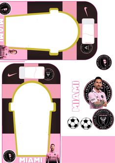 two pink and black striped boxes with soccer balls on the bottom one has a man's face