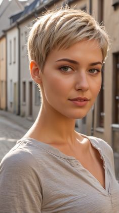 The classic pixie cut is a timeless hairstyle that never goes out of fashion. It features short, neatly trimmed hair around the sides and back, with slightly longer layers on top. This cut works well for round faces as it adds structure and frames the face beautifully. Pixie Cut For Straight Hair, Pixie Haircut Straight Hair, Feminine Pixie Haircut Fine Hair, Trimmed Hair, Longer Layers, Classic Pixie, Short Blonde Pixie, Popular Short Haircuts, Super Short Haircuts