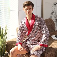 Pijama Satin, Short Gown Dress, Kimono Gown, Style Anglais, Satin Nightwear, Stylish Loungewear, Male Kimono, Bathrobe Men, Long Sleeve Kimono