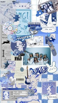 the collage is made up of many different things in blue and white colors, including pictures