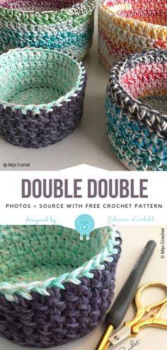 crocheted baskets with scissors and yarn on the bottom are shown in three different colors