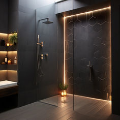 a modern bathroom with black walls and wood flooring is lit up by leds