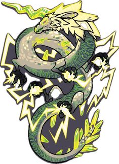 a green and yellow dragon with lightning bolts on it's back, sitting in the air