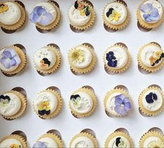 cupcakes with white frosting and blue flowers on them are arranged in rows