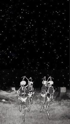 two skeletons are running in the grass at night