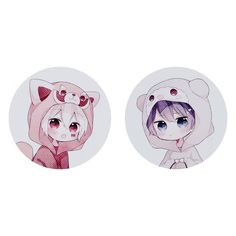 two circular stickers with anime characters in the middle one has an animal on it's head