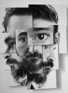 a black and white photo of a man's face with multiple squares around it