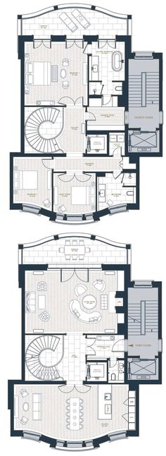 two floor plans for the upper and lower levels of a house with spiral staircases