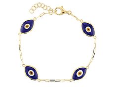 Artisan Collection of Turkey™ 6x12mm Blue Crystal 18k Yellow Gold Over Sterling Silver Evil Eye Bracelet. Measures Approximately 0.41"W. Lobster Claw Clasp Closure Blue Polished Bracelet Jewelry, Fine Jewelry Blue Gold Bracelet For Gift, Blue Gold Bracelet With 17 Jewels For Gift, Blue Gold Bracelet For Gift, Fine Jewelry, Blue 14k Gold Bracelet Jewelry, Blue Gold Bracelet For Gifts, Blue Polished Bracelet, Blue 14k Gold Bracelet, Blue Polished Finish Bracelet