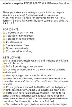 the recipe for banana pancakes is shown in this screenshote, with instructions to make it