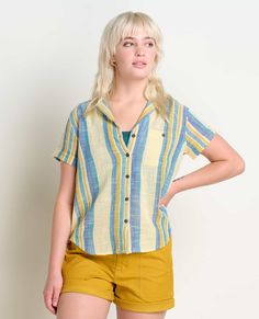 This button up shirt makes warm weather easy. Lightweight and ventilating, with prints aplenty, pair with pants and a peep toe for work, or throw on a floppy hat and sunnies for weekend-wear. Classic Button-up Camp Shirt For Beach, Summer Multicolor Button-up Camp Shirt, Summer Striped Button-up Camp Shirt, Affordable Outdoor Button-up Camp Shirt, Multicolor Printed Button-up Camp Shirt, Weather Wear, Lightweight Tops, Summer Staples, Womens Size Chart