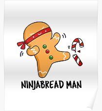 a gingerbread man with a candy cane poster