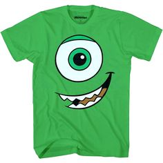 a green t - shirt with an evil eyeball on it's chest and mouth