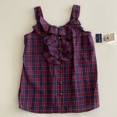 Ralph Lauren Girls Top Ruffles New With Tags Color: Navy Blue/Red Checkers Size: 5 Years Old Blue Ruffled Tops For Playwear, Cute Plaid Ruffled Tops, Cute Ralph Lauren Summer Tops, Cute Summer Tops By Ralph Lauren, Casual Ruffled Tops For School, Ralph Lauren Plaid Cotton Top, Send Help, Red Checkered, Girls Top