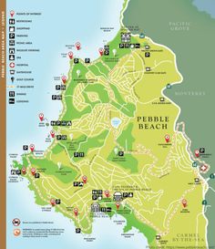 a map of pebble beach showing the location of many beaches and locations to stay